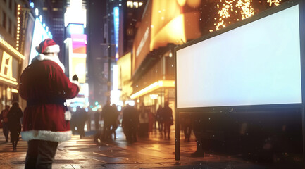 Blank billboard in the city. Santa claus looking at an outdoor advertising poster. Public information panel on the street. Commercial christmas campaign for products or services for women. OOH Mockup