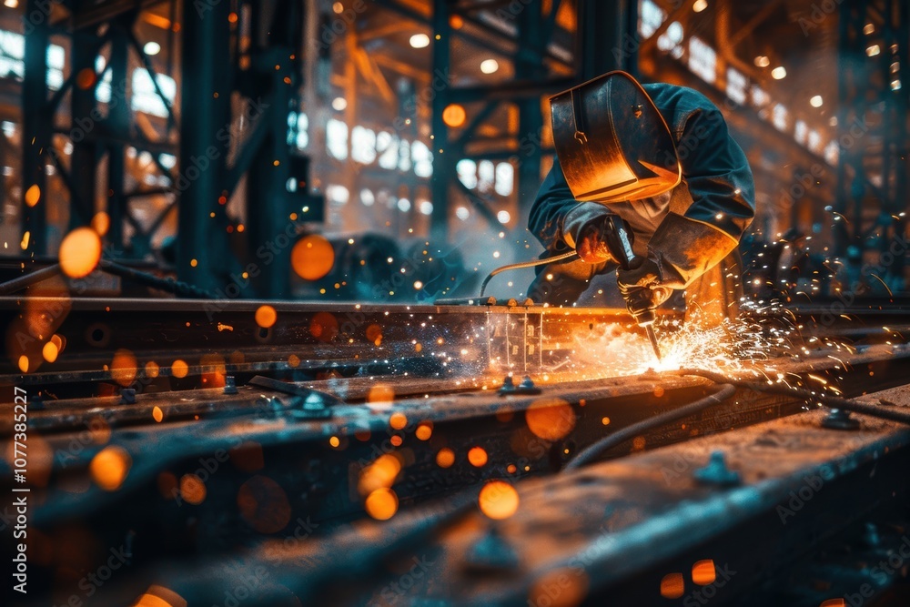Poster welder at work on infrastructure project with sparks flying for industrial design and engineering co