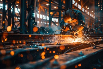 Welder at Work on Infrastructure Project with Sparks Flying for Industrial Design and Engineering Concepts