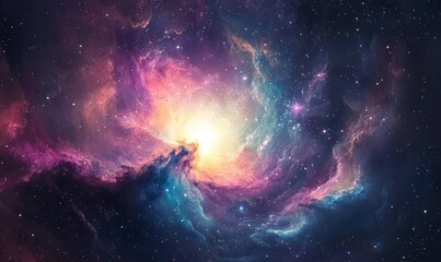 Obraz premium A vibrant, swirling nebula with a bright white center. The nebula is filled with a variety of colors, including blue, purple, pink, and yellow.
