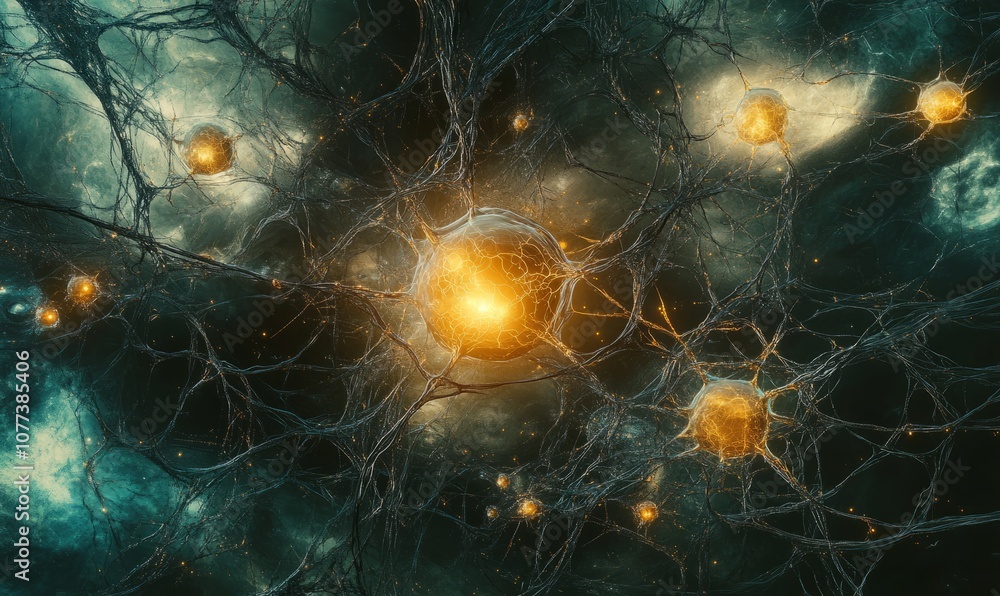 Poster abstract digital art of a complex neural network with branching pathways and glowing orbs, represent