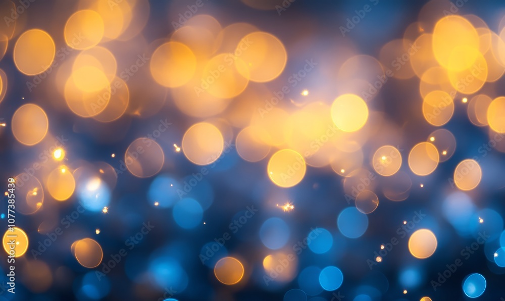 Aufkleber Abstract bokeh background with warm yellow and cool blue light circles creating a dreamy and festive atmosphere with glittering particles.