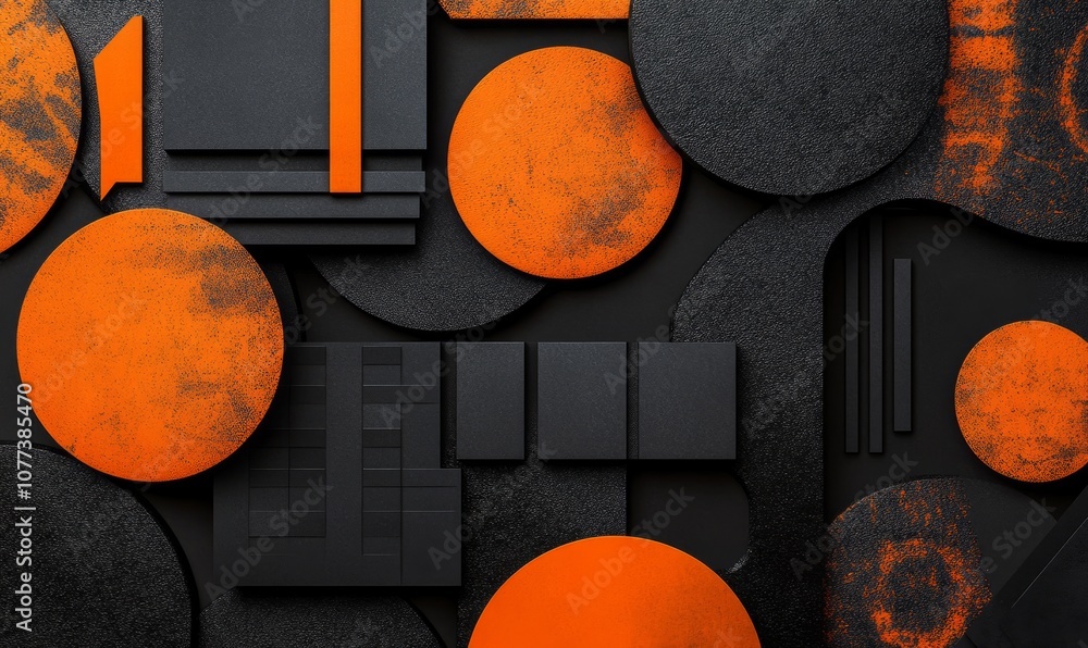 Poster abstract geometric background with overlapping shapes in black and orange colors, including circles,
