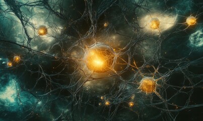 Abstract digital art of a complex neural network with branching pathways and glowing orbs, representing the interconnectedness of the brain and the universe.