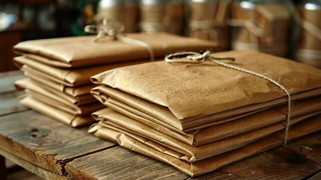 A collection of neatly wrapped packages sits on a weathered wooden table, showcasing their natural brown paper and twine ties, creating a warm, rustic atmosphere