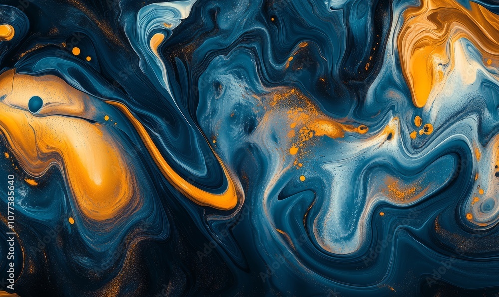Poster abstract digital artwork featuring fluid, swirling patterns in vibrant blue and orange colors, creat