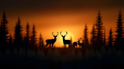 Deer Family Silhouetted Against Sunset in Forest