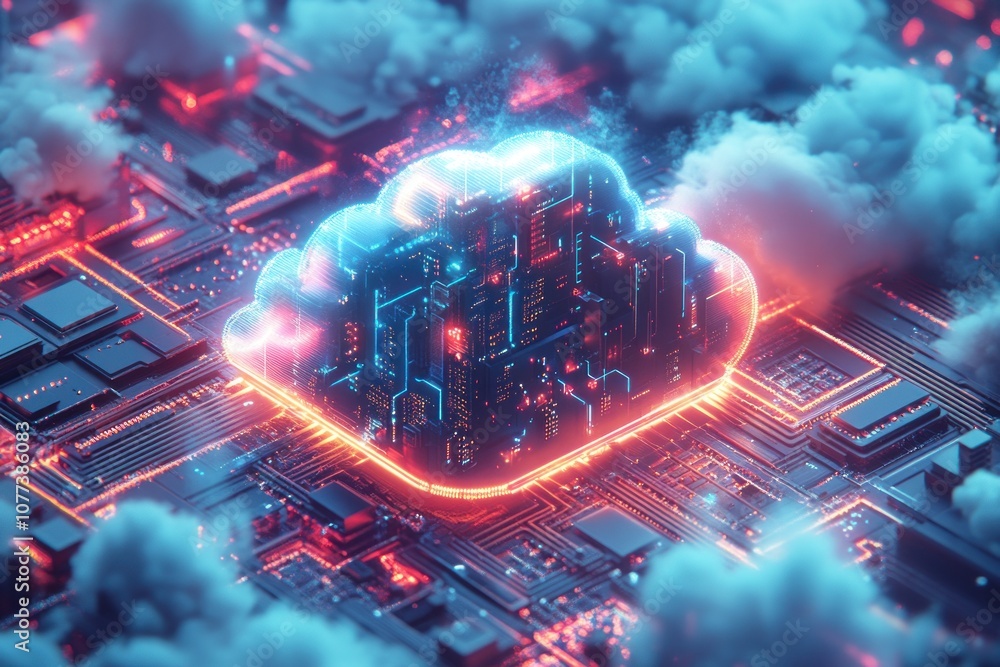 Poster a cloud computing concept with a glowing circuit board, representing data storage and processing.