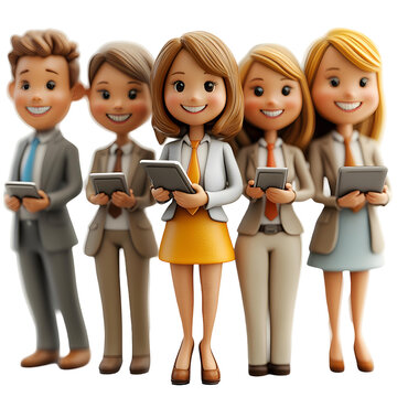 A vibrant 3D cartoon illustration of business professionals networking at a conference, complete with laptops and smartphones, set against a white background.