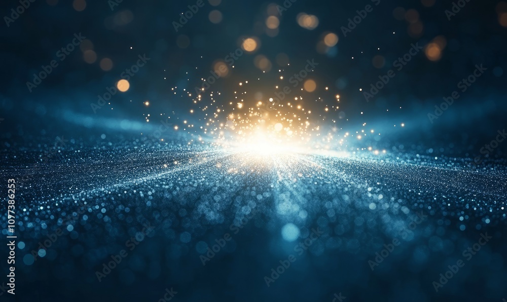 Poster abstract image of light burst with glowing particles spreading outward on a dark background, resembl