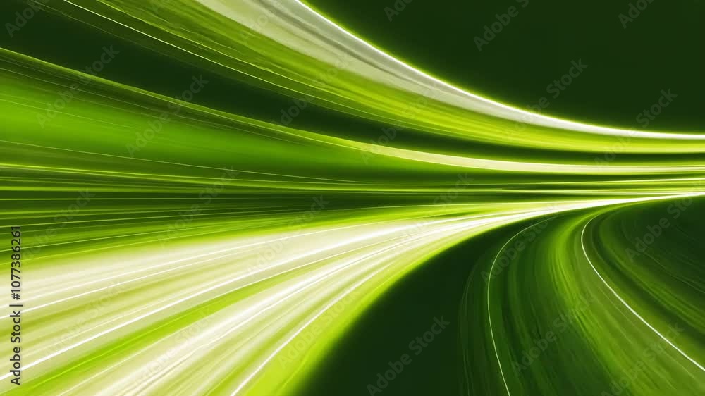 Poster green light trails streak across a dark background, creating an abstract design that resembles a tun