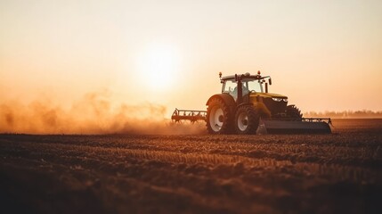 Fototapeta premium A tractor working a field at sunset with dust kicked up behind it.