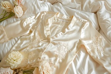 there is a white robe and flowers on a bed