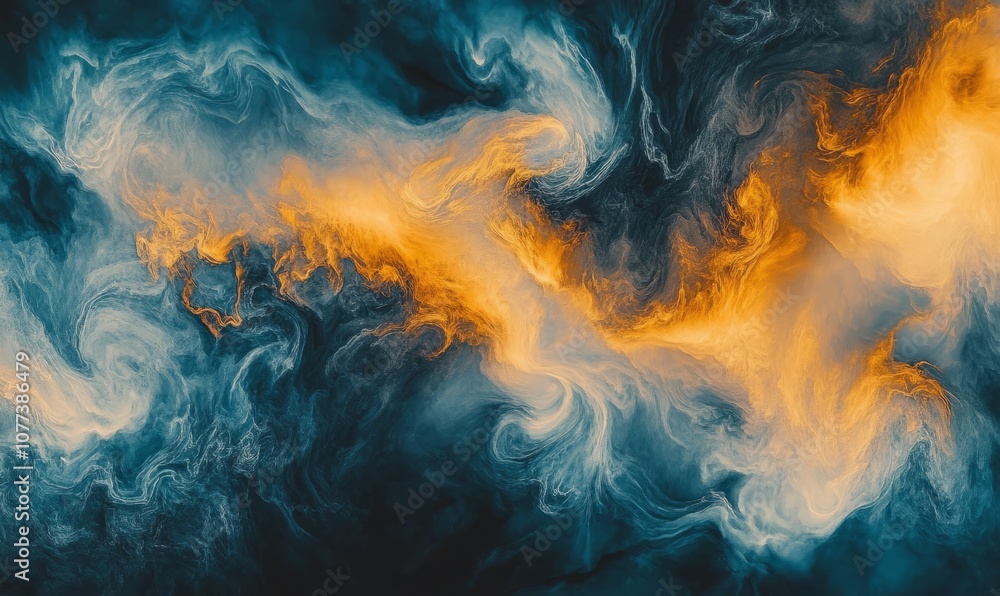 Poster abstract image of swirling clouds in contrasting orange and blue colors, creating a dynamic and visu