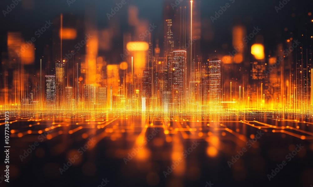 Poster abstract digital city with glowing lines and circuit board pattern
