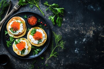 Maslenitsa culinary delight: traditional pancakes with cream and red caviar. Horizontal banner. Copy space. Blinis with caviar on a stone table. Top view