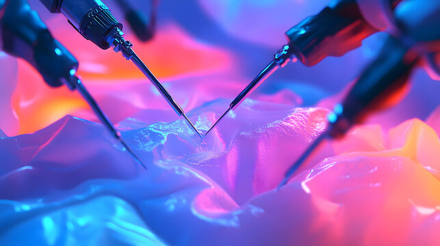 A close-up of robotic surgical arms performing a colorectal resection showing minimally invasive techniques in a sterile setup.