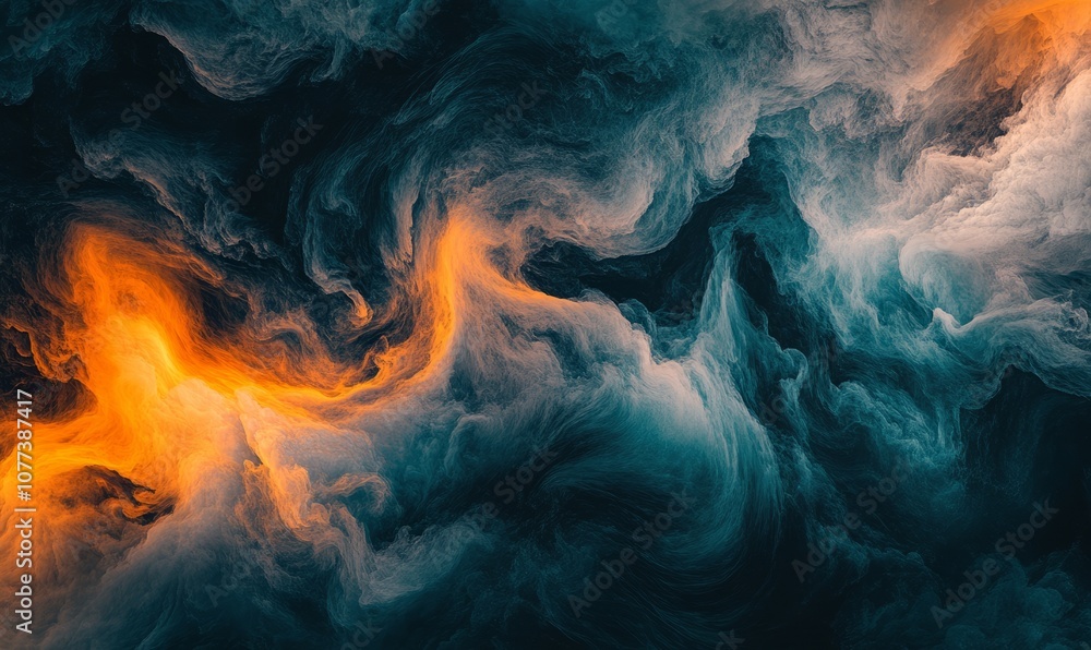Poster Abstract image of swirling clouds in contrasting orange and blue colors, creating a dynamic and visually striking composition with textural details