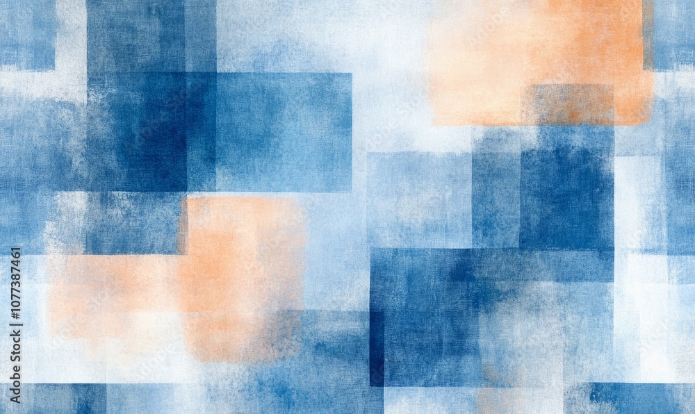 Poster abstract pattern featuring a grid of rectangles in various shades of blue, white, and a hint of oran