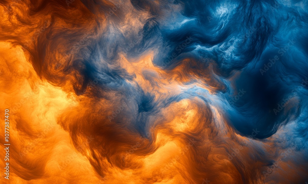 Poster abstract image of swirling clouds in contrasting orange and blue colors, creating a dynamic and visu