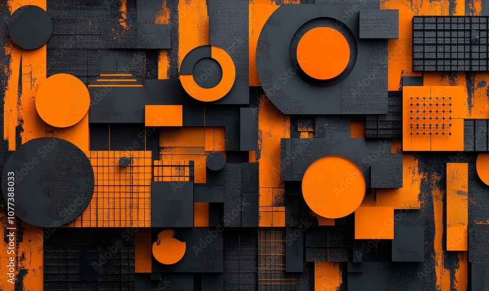 Poster abstract geometric background with overlapping shapes in black and orange colors, including circles,
