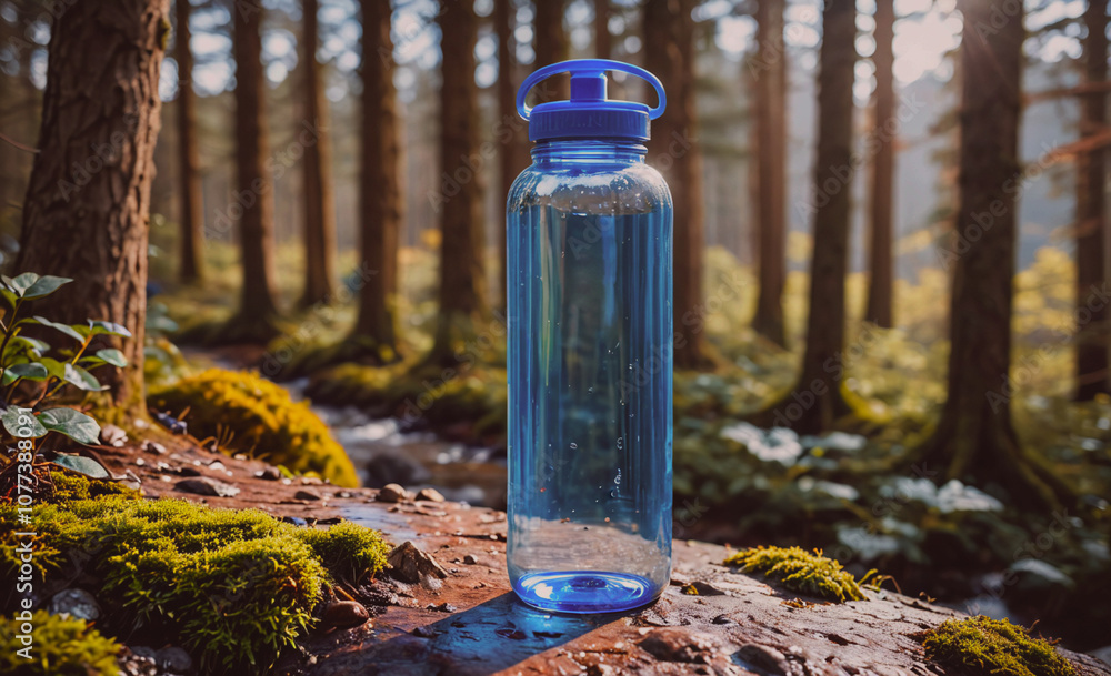Poster clear water bottle with a blue cap sits on a log in a forest