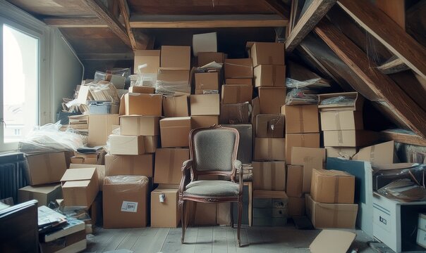 An attic filled with numerous stacked cardboard boxes and unpacked items, including a chair and various household goods, suggesting storage and clutter