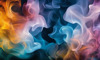 Obraz premium Abstract image of colorful swirling smoke-like shapes on a dark background, featuring flowing organic forms in hues of blue, pink, and orange