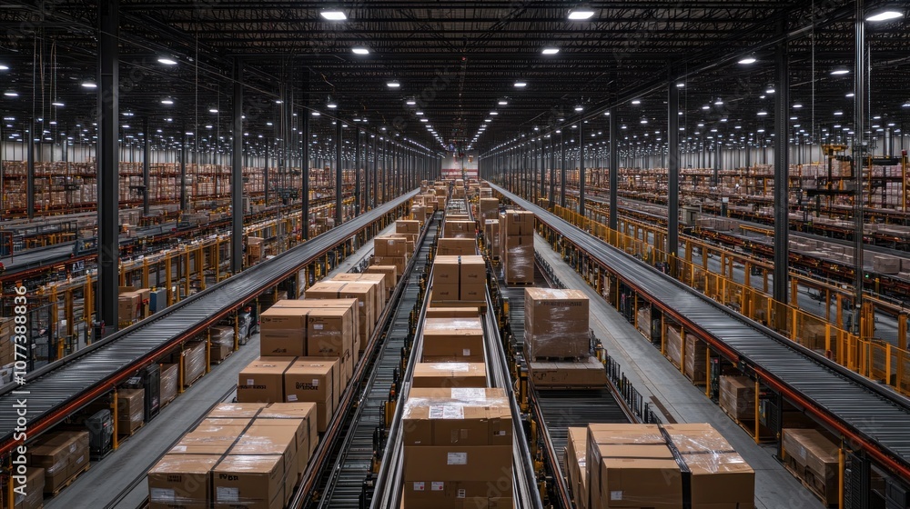 Poster automated conveyor system in a large warehouse with packages