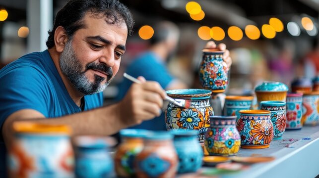 An artisan skillfully paints intricate, colorful patterns on pottery at a bustling craft fair, showcasing traditional techniques and vibrant artistic flair.