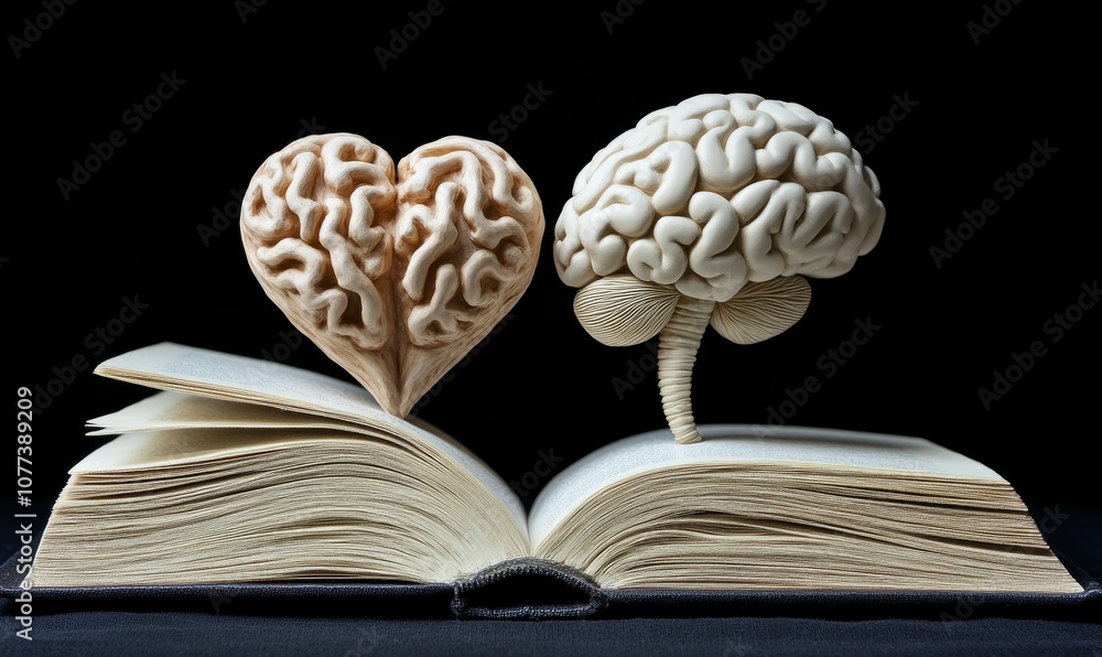 Poster an open book with a 3d sculpted design of a heart and brain growing out of the pages