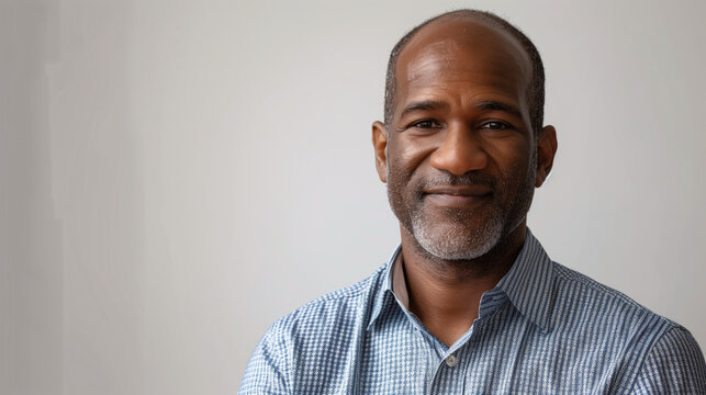 Retrato de hombre maduro con expresi&oacute;n amable y camisa de rayas