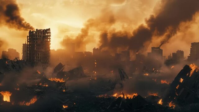Destroyed buildings with fire in apocalypse city. War damage and military operation. Battlefield aftermath. Crisis response and urban disaster. Town debris, burning ruins.