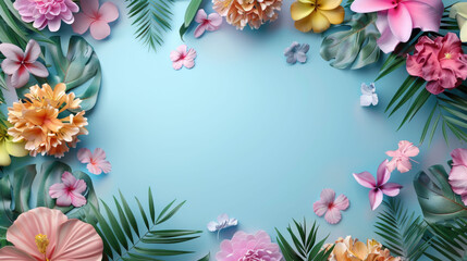 Fototapeta premium Floral frame with soft pastel flowers surrounding a turquoise background, creating a gentle and romantic atmosphere