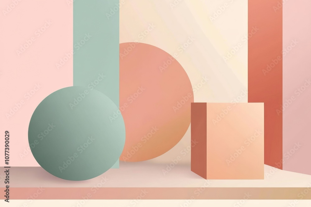 Poster Soft pastel shapes interact harmoniously, featuring a circle, cube, and rectangle arranged in a clean, serene space. Generative AI