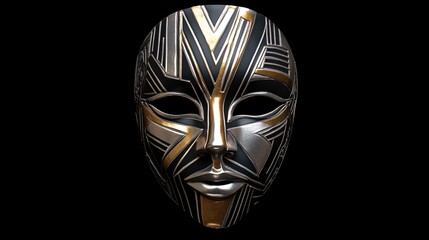 Art Deco-inspired mask with geometric silver and gold patterns, isolated on a black background