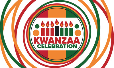 Kwanzaa Happy Celebration. African and African-American culture holiday. Seven days festival, celebrate annual from December 26 to January 1. Black history. Poster, card, banner and background. Vector