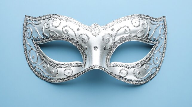 Bright, glittering silver New Year's masquerade mask with intricate patterns, isolated on a soft blue background