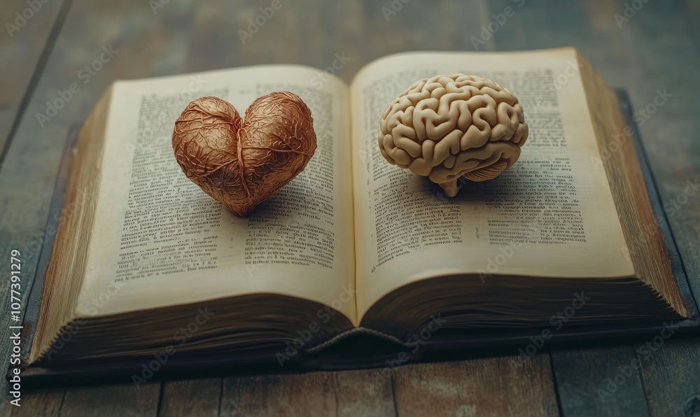 Poster an open book with a 3d sculpted design of a heart and brain growing out of the pages