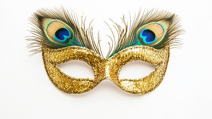 Golden mask with sequins and peacock feathers, perfect for New Year's celebrations, isolated on a pure white background