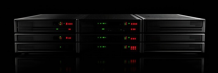 A series of servers with blinking indicators create a vibrant display against a dark background, highlighting their operational status. Generative AI