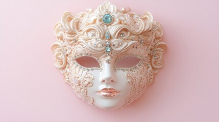 Venetian New Year's mask adorned with tiny gems and lace detailing, isolated on a soft pastel pink background