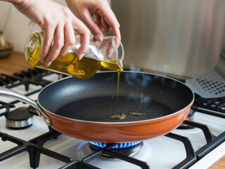 Manos vertiendo aceite de oliva en una sartén chisporroteante sobre una cocina
