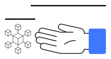 Hand, network of connected cubes. Ideal for technology, digital communication, connectivity, human interaction, internet, support networking Line metaphor