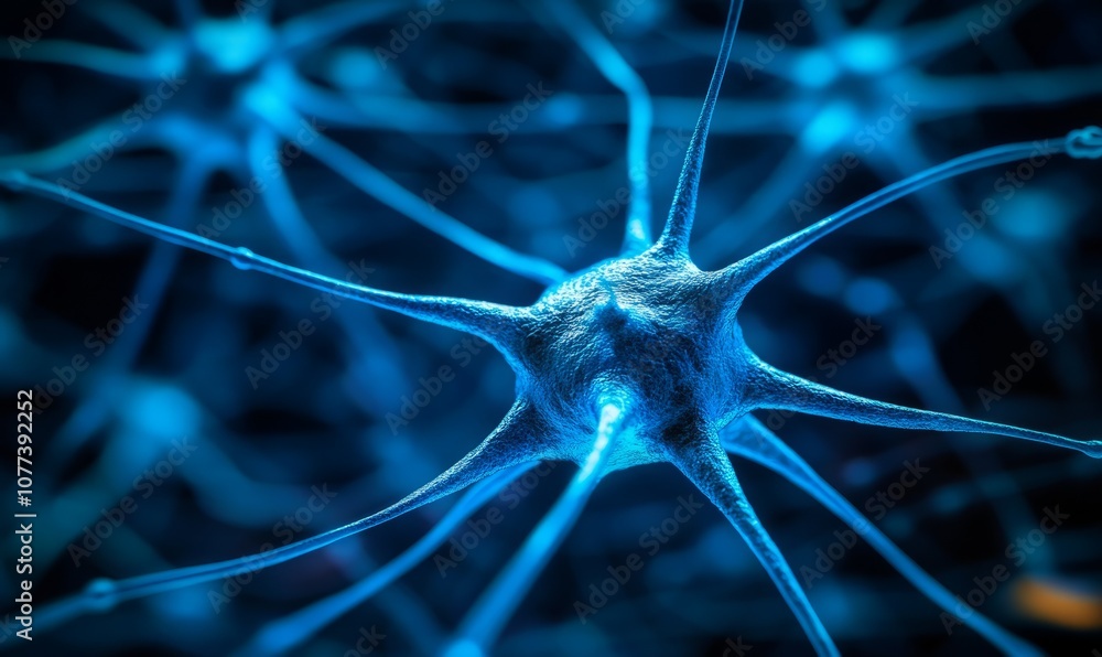 Aufkleber close-up of a network of interconnected neurons, with a single neuron highlighted in blue