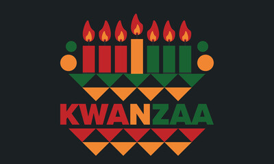 Kwanzaa Happy Celebration. African and African-American culture holiday. Seven days festival, celebrate annual from December 26 to January 1. Black history. Poster, card, banner and background. Vector