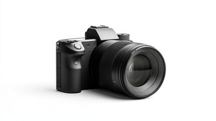 Modern digital camera with large lens on white background
