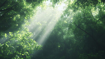 Forest canopy with sunlight filtering through, uplifting, isolated on white background