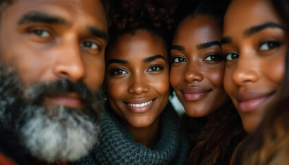 Close-up portrait of four African American individuals with radiant smiles, featuring a bearded man and three women, showcasing natural beauty and genuine expressions.