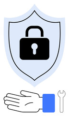 Security shield with locked padlock symbol, open hand, and wrench emphasizing protection and technical support. Ideal for cybersecurity, privacy, maintenance, tech services, safety, aid and trust